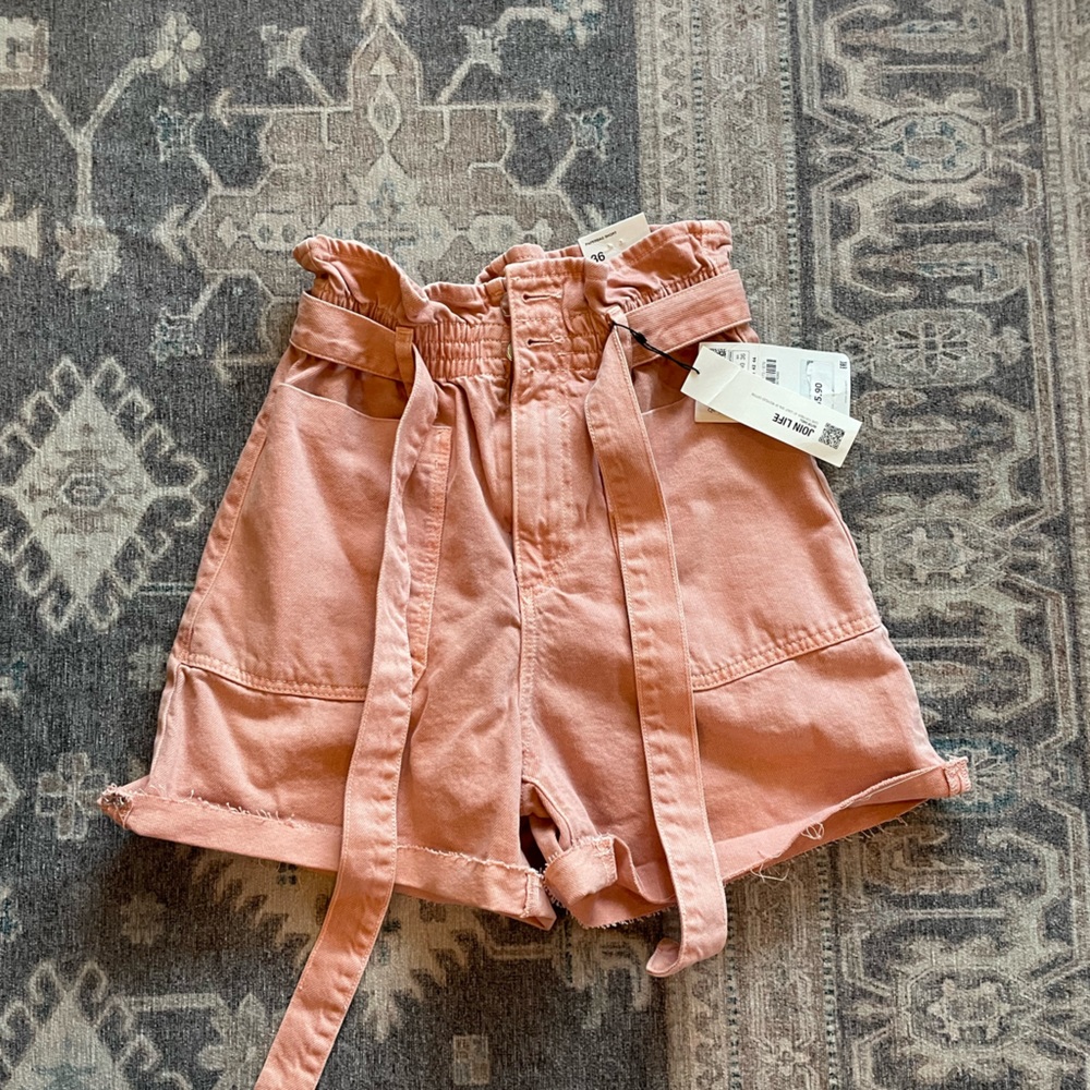 Zara pink jean paper bag shorts